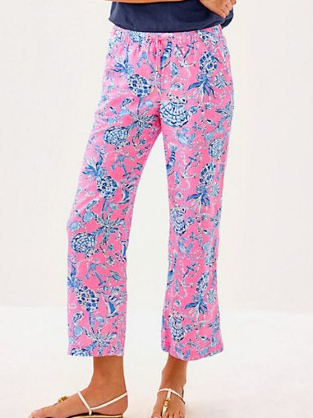 Lilly Pultizer Brawley Crop Lagoon Linen Pink Pull- On Pants Resortwear Tropical